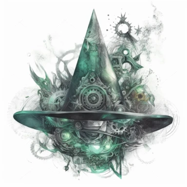 a witch hat decorated with magical symbols , in the style of mystic mechanisms ,pencil art illustrations, Isolated white background, reimagined by industrial light and magic, lith printing, illusory images, watercolor clipart, very subtle emerald tones, , ,