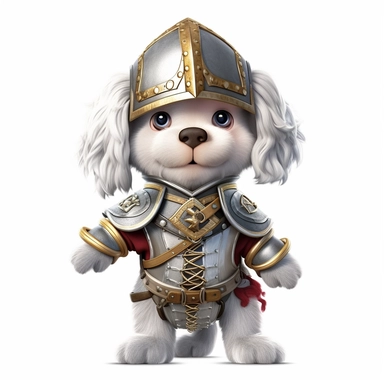 Adorable cute fantasy baby dog dressed like knight standing in dynamic pose,front view,fullbody,sharp through out,happy expression, nursery art, clipart image, lineart image, white background, very detailed, 8k, composition wide shot