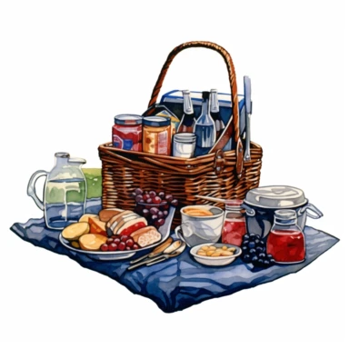 watercolor an outdoor kitchen picnic basket with table, drinks and a dish, in the style of whistlerian, diana f+, light red and dark azure, nature's wonder, socially minded, adventurecore, intertwining materials Clipart desert cartoon t-shirt graphic, vector, contour, isolated on a white background