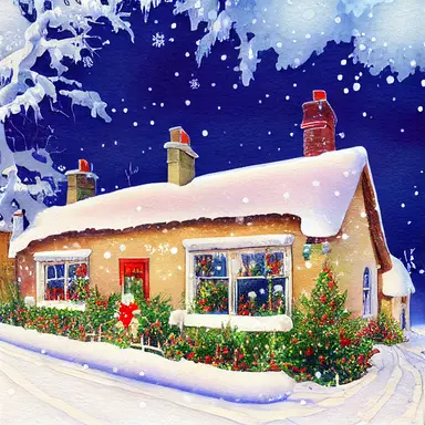 christmas, cute English country cottage, symmetrical, winter, snow, watercolor, clipart