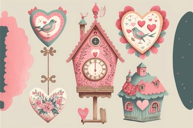 Create a collection of charming and whimsical clip art images of Valentine's themed cuckoo clocks. The images should incorporate elements such as traditional cuckoo clock designs adorned with symbols of love and Valentine's day such as hearts, cupids, and roses. Use watercolor and cartoon-style illustrations to add a playful and imaginative touch. The overall design should evoke a sense of love and celebration, highlighting the beauty and simplicity of natural materials and flowers in a traditio