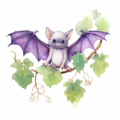an enchanting watercolor clipart image with a white background and white margins, showcasing a baby bat hanging from a branch, playfully stretching its wings. The ultra-detailed, hand-drawn elements capture the curious and inquisitive nature of the baby bat. Use vibrant shades of purple and green to create a visually enticing and playful image that conveys the spirit of exploration and discovery.