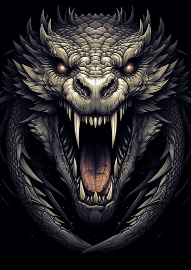 Vector t-shirt art ready to print detailed, Snake Huge Fangs FACING FORWARD, black surrounding, amazing art, in the center, clip art, Peter Draws, digital illustration, Photo Realistic, warm monochrome on black background. centered, dynamic, highly detailed, digital painting, art station, concept art, smooth, sharp focus, highly detailed, 8k, art by Carne Griffiths and Wadim Kashin, highly detailed