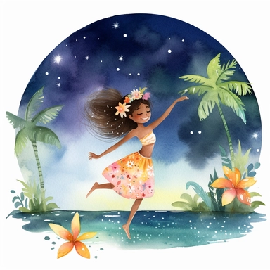 watercolour, tropical island setting, showcase an adorable little polynesian hula girl (aged 8) she is dancing under the moonlight on the beach with full moon and twinkling stars above, she is happy, she has tropical beautiful flowers in her hair, the feeling is magical, clipart style