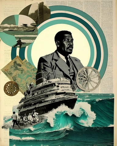man from the 1950s, 30 year old man, man of color, mixed media, cruise ship, ocean, wheelchair, collage, arts and crafts, mixed media, music, magaine style, retro, vintage, surreal, newspaper clippings, layered collage, spiral composition, scrapbooking, 8k, collage, scrapbook, photography