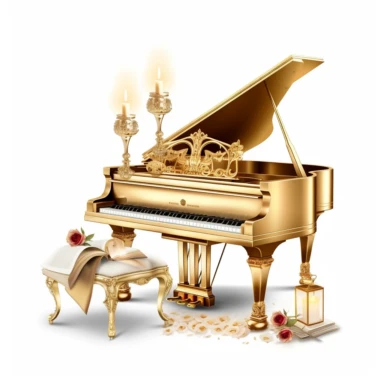 luxury gold piano with a seat, roses, music book and luxury candles digital clipart on white background