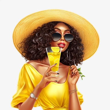 pretty black girl, Sun Straw Hat Wide Brim Summer Hat Foldable Roll up Floppy Beach Hats, pretty, holding a cocktail drink, yellow outfit, 4k, hd, clipart