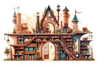 A vector clipart of a magical library in a fantasy village, filled with bookshelves, floating books, and mystical artifacts, in the style of enchanting and whimsical vectors, viewed from a studious angle, hd, spaced out, on a white background