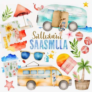 watercolor summer vacation from school clip arts, end of school year clipart, white background, no letters