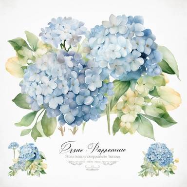 Create a stunning collection of ultra-detailed Watercolor Hydrangea Clipart, highlighting the delicate beauty of blue hydrangeas. Each clipart element should showcase the intricate details and realistic hues of these beloved flowers. Design the clipart set with a focus on versatility, allowing for seamless integration into a variety of projects, such as wedding invitations, stationery, and floral-themed designs. The watercolor technique should bring a soft and ethereal quality to the clipart, wi