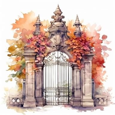 Dreamlike Floral Gate Clipart, Watercolor Cartoon, hyper realistic, intricate detail, illustration style, high resolution, on the white background