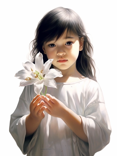 a child holding a Lily were holding only became apparent afterwards. an uncommon crystal flower's powers, clipart png, realistic, digital painting, WHITE BACKGROUND, fantasy style, realistic, painting, watercolor, 8k, ultra details,