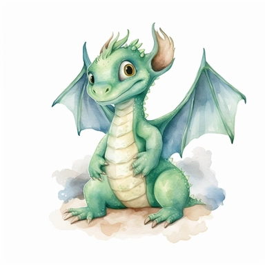 Watercolor fantasy baby dragon clipart full body, flying and sitting, green color palette, hand painted, white background