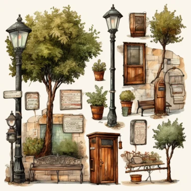 clipart, watercolor illustration Jerusalem street lamp, tree, street trash can, elements , clipcart Illustration for kids book, multiple poses and exprassions, isolated on white