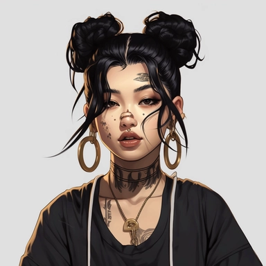 asian girl aesthetics, clipart, high detail, pretty kpop face, Large hoop earrings, black hair with white highlights, Tattoos (dragons), long lashes, Coffin nails, Tube tops, Baggy sweatpants, Shiny lipstick, Digital Art, Color Grading, Full-HD, OpenGL-Shaders, white background