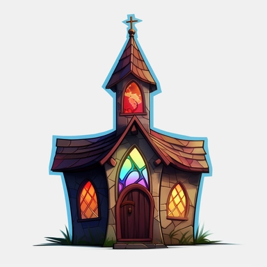a little cartoon church, pixar, clipart, stained glass windows, cross on top, blank background, sharp lines, 8k