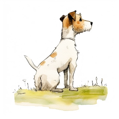 back view full body small old thin white jack russell terrier ne ear brown, one ear white, brown spot on butt, laying down, on lawn, watercolor, and ink drawing, clipart, happy, gentle smile, beautiful watercolor ink wash coloring, thick pencil lines, Jon klassen, Adrian tomine, popular on etsy, watercolor illustrations clipart, watercolor illlustrations for kids, white background