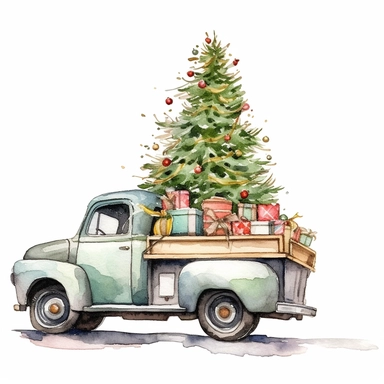 High resolution christmas tree Just put a long Christmas tree. in the back of a pickup, grid, contemporary diy, white background, mixed patterns, realistic, scrapbook, high resolution, , style by Lucy Fleming, watercolor, smooth gradients, black contour o