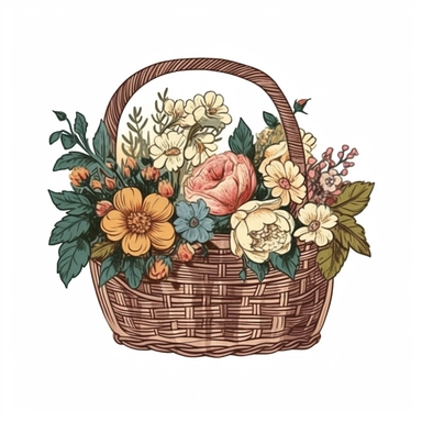 vintage flroal basket sublimation clipart, vector, illustration, 2d, flat colors, isolated background
