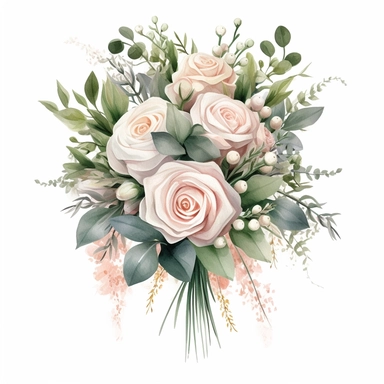 Realistic vibrant watercolour illustration, bridal bouquet with blush roses with green eucalyptus leaves surrounding the roses and some leaves hanging down elegantly, high detail, clear edges, clipart isolated on pure white background