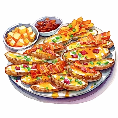 a captivating watercolor, hyper-realistic clipart image with a white background and white margins, portraying a platter of loaded potato skins--crispy potato skins filled with cheese, bacon bits, and sour cream. The ultra-detailed, hand-drawn elements capture the textures and colors of the toppings. Use bold shades of yellow, brown, and white to create a visually enticing image that showcases the savory and indulgent nature of this fast food appetizer.