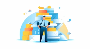 a simple flat microsoft office clip art style illustration of a security guard protecting stack of documents, white background, light blue yellow pastel color palette