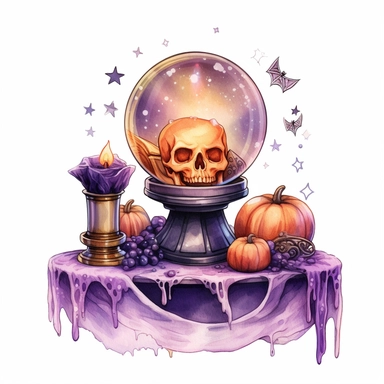 hand drawn glowing crystal ball sitting on a table with crystals, tarot cards, a wand, candles and a pumpkin, Halloween, purple and orange shades,fantasy, glamorous, , clipart style, detailed and realistic, watercolor, white background with margins