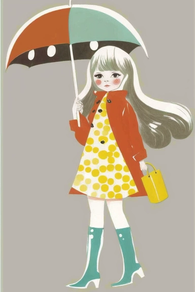 <https://s.mj.run/49ZvoIFW24o> <https://s.mj.run/VafKh_OyowI> Mary Blair style, minimalistic nordic style single clipart, baby 70s hippie fashion model with umbrella, minimalistic pastel color palette,