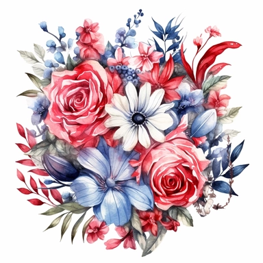 Patriotic Floral Arrangements: Design clipart featuring floral arrangements in red, white, and blue hues. Incorporate flowers like roses, daisies, or carnations to create elegant and patriotic floral elements for your designs. delicate detail, watercolor, in the style of artgerm, 2d game art, quadratura, clipart, on white background,