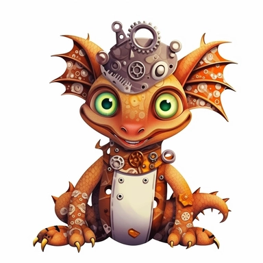 friendly dragon with cute eyes, in the style of steampunk, clipart, white background