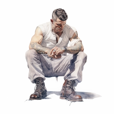 A beautifully illustrated victorian pulp fiction male fighter in varying hues sitting down and taking off his shoes ,wearing boxing gloves and muscular, muscles, octane render, hyperrealistic, stunningly handsome, refined and sophisticated, Hand drawn, roberto ferri ,realistic watercolor, Clipart, watercolor, white background, intricate detail