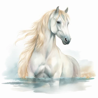 A clipart that shows a majestic sitting horse in a graceful pose on a white background. The horse's body is elegantly curved to emphasize its beauty and grace. It may be standing on a slight hill or in an idyllic landscape. The water colors give the clipart a soft and flowing look. The colors can be soft and pastel to create a calm atmosphere. Use different shades of blue for the background to create a natural water or sky look. The contours of the horse are subtle and well defined to clearly sh