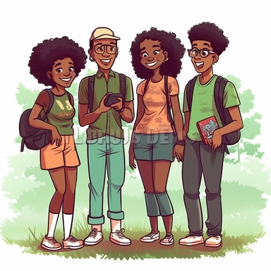 Black friends at a park cartoon clipart, inspired by african american culture, Juneteenth themed, on a white background