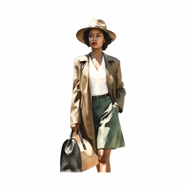 watercolor style, travelling african american business woman in classic clothes, realistic. Clipart, isolated on white background, 4K