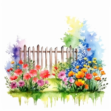 clipart, isolated on white background, Watercolor Spring beautiful ornated fence fulls of the colorful flowers and grass and plants and branches and tree, ornated, vivid and vibrant and saturated colors