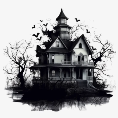 scary dark haunted house halloween silhouettes ghost ultra highly detailed, 18k, sharp focus, high definition, intricate detailed png image, 300dpi, graphic clipart, computer graphics, With white background for removing, no text on image