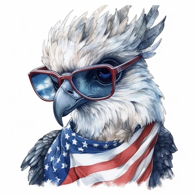 closeups shot, low angle, watercolor style, Harpy eagle, wears American flag scarf and sunglasses, hyper-realistic animal illustrations, 2d game art, quadratura, clipart, on white background,