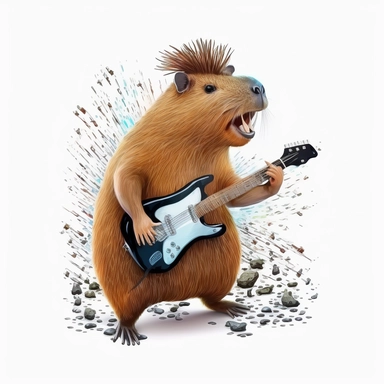illustration creative, funny Rockstar Capybara, white background, clipart