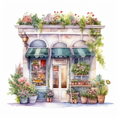 fantasy Watercolor floral Flower Shop store Clipart, make it detailed and creative, white background