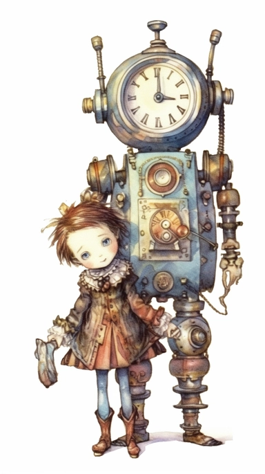watercolor steampunk robot clock entire body with a steampunk suitcase by his side and holding a cute steampunk doll in her arms, illustration clipart by holly hobbie and mary engelbreit