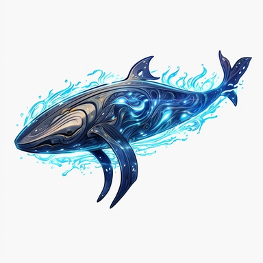 a glowing tribal blue whale with blue lights on his eyes, tribal animals, in the style of manhwa character design, master of shadows, burned/charred, himalayan art, dark black and light azure, clipart, on white blackground