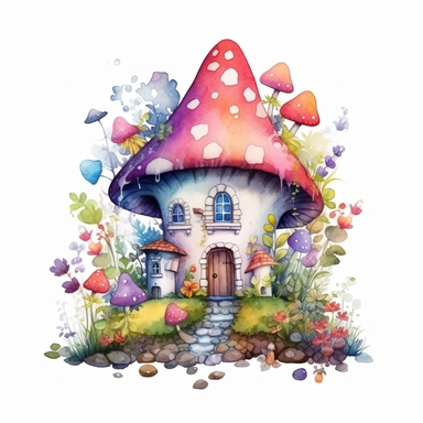 watercolor colorful clipart of a whimsical fairy garden, hd, on white background