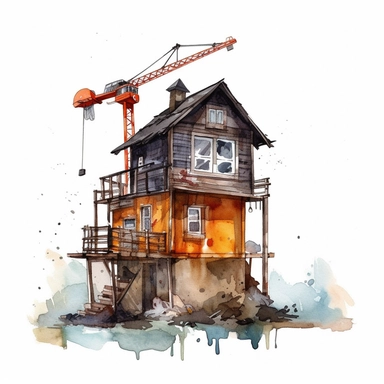 a house construction with crane machine water color clipart, hd, white background