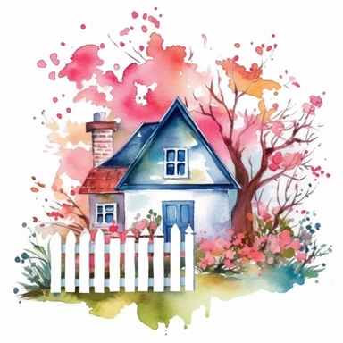 clipart, isolated on white background, beautiful cute Watercolor Spring Cottage - cute little house with fence and chimney, tree and flowers, ornated, vivid and saturated colors