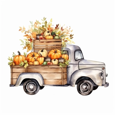 Farmhouse Fall Decor Watercolor Clipart. Cozy Autumn Illustrations. Harvest Truck with Pumpkin. Fall Leaves, Rustic Wooden Home Decor. Clip art