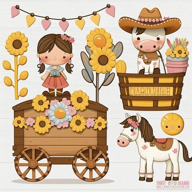 cute cartoon drawing, a garland of balloons ,pastel cute little Cowboys Clipart, sweet little girl Cowgirl Clipart, Cowboy Clip Art, Wild West Clipart, Sheriff Clipart, Western Clipart, Western Cowboy, sunflowers, a wooden cart, cute horse riding , wooden