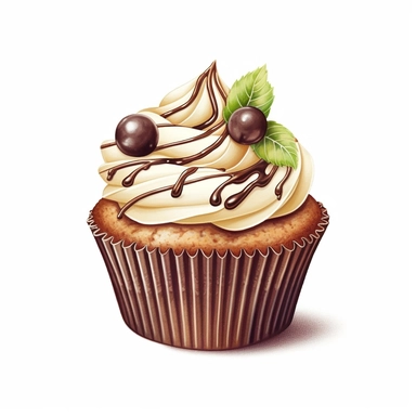 Design a clipart image of an chocolate cupcake in a watercolor style, with chocolate decoration and a topping. You can also add some colorful candy or chocolate chips to make it more attractive. You can add white flowers and green leaves to the design.