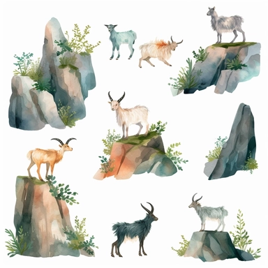 Watercolor wild goats climbing rocks in mountain , illustrations clipart set, simple , cartoon elements, rocks, bushes , different variants , , separate elements with a margin