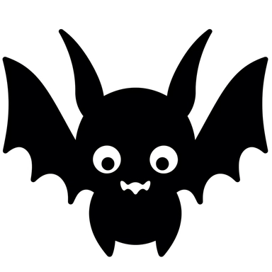 cartoon bat,black and white silhouette icon, clipart style, white background, thick lines, vector, simple design, flat colour, solid colour, halloweencore