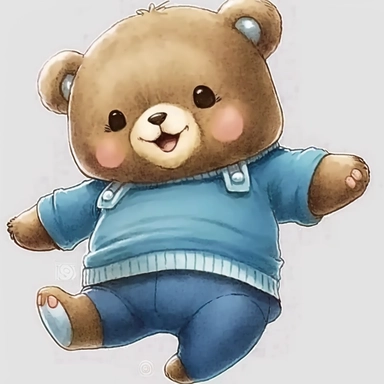 teddy bear wearing blue sweater, happy, smiling, in the style of animated gifs, detailed character design, in the style of lively and energetic, aurorapunk, realistic portrayal, childlike innocence, ricoh ff-9d, detailed costumes, soft watercolours , in the style of childlike innocence and charm, animated exuberance, emotive body language, animation, realistic watercolors, white background, clipart